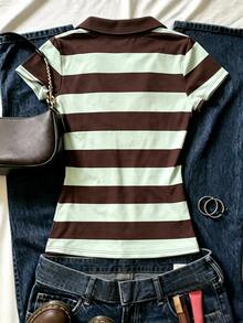 INAWLY 復古學院風條紋 Polo 衫，女款新款修身短 V 領短袖 T-shirt 上衣，適合夏季 - 彩色 - 查看 2