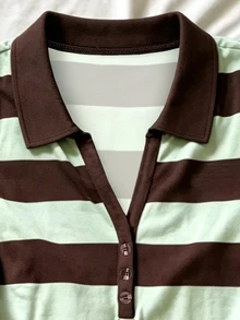 INAWLY 復古學院風條紋 Polo 衫，女款新款修身短 V 領短袖 T-shirt 上衣，適合夏季 - 彩色 - 查看 5