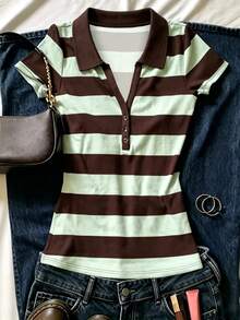 INAWLY 復古學院風條紋 Polo 衫，女款新款修身短 V 領短袖 T-shirt 上衣，適合夏季 - 彩色 - 查看 1