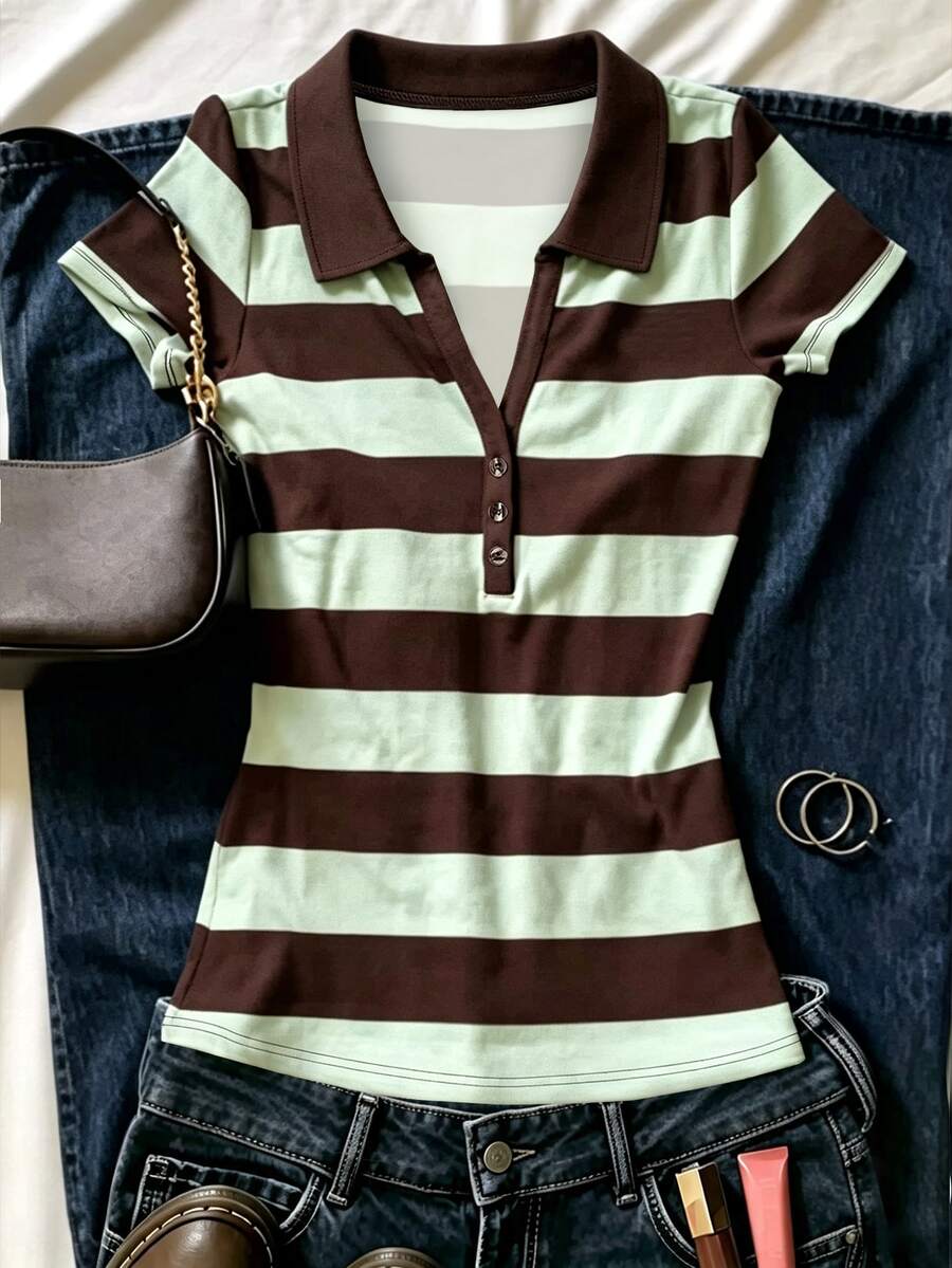 INAWLY 復古學院風條紋 Polo 衫,女款新款修身短 V 領短袖 T-shirt 上衣,適合夏季 - 彩色 - 查看 1
