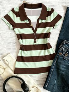 INAWLY 復古學院風條紋 Polo 衫，女款新款修身短 V 領短袖 T-shirt 上衣，適合夏季 - 彩色 - 查看 3