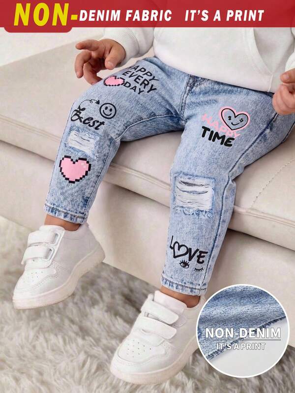 Baby Girl Versatile Elastic Waist Leggings/Pants/Tights, Digital Print Faux Denim Effect With Floral Design, Casual Comfortable Versatile Bottoms For Spring, Summer, Autumn