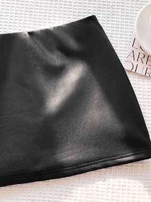 SHEIN Serisse Kids Tween女孩黑色PU低腰貼身迷你裙（含內搭打底褲），黑色迷你裙 - 黑色 - 查看 5