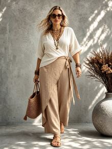 Ceyna Women's Plus Size Solid Color Tie Waist Long Pants Side Design Casual Loose Fabric Formal Professional Minimalist Autumn Brown Chocolate Brown - Khaki - View 6
