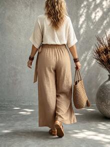 Ceyna Women's Plus Size Solid Color Tie Waist Long Pants Side Design Casual Loose Fabric Formal Professional Minimalist Autumn Brown Chocolate Brown - Khaki - View 2