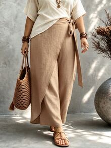 Ceyna Women's Plus Size Solid Color Tie Waist Long Pants Side Design Casual Loose Fabric Formal Professional Minimalist Autumn Brown Chocolate Brown - Khaki - View 1