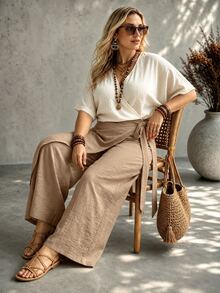 Ceyna Women's Plus Size Solid Color Tie Waist Long Pants Side Design Casual Loose Fabric Formal Professional Minimalist Autumn Brown Chocolate Brown - Khaki - View 5