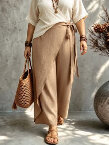 Ceyna Women's Plus Size Solid Color Tie Waist Long Pants Side Design Casual Loose Fabric Formal Professional Minimalist Autumn Brown Chocolate Brown - Khaki - View 4