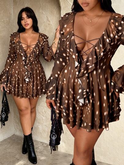 NU&NOW Vintage Deer Brown Polka Dot Dress, Deep V-Neck, Ruffle Cinched Waist Long Sleeve Short Hot Girl Dress Fall