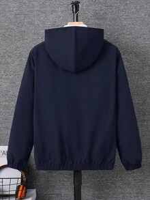 SHEIN 青少年男孩休閒字母圖案印花連帽夾克外套，輕量寬鬆版型拉鍊連帽外套 - 藏蓝色 - 查看 3