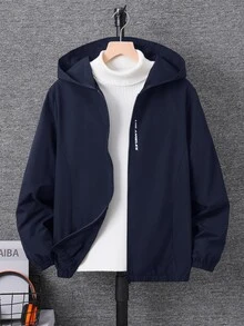 SHEIN 青少年男孩休閒字母圖案印花連帽夾克外套，輕量寬鬆版型拉鍊連帽外套 - 藏蓝色 - 查看 2