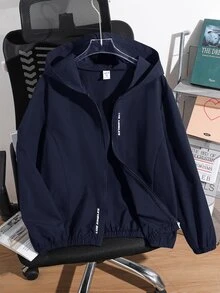 SHEIN 青少年男孩休閒字母圖案印花連帽夾克外套，輕量寬鬆版型拉鍊連帽外套 - 藏蓝色 - 查看 4