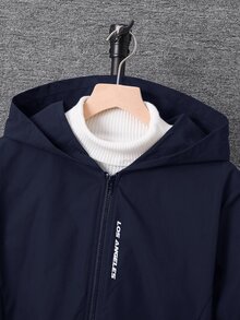 SHEIN 青少年男孩休閒字母圖案印花連帽夾克外套，輕量寬鬆版型拉鍊連帽外套 - 藏蓝色 - 查看 5