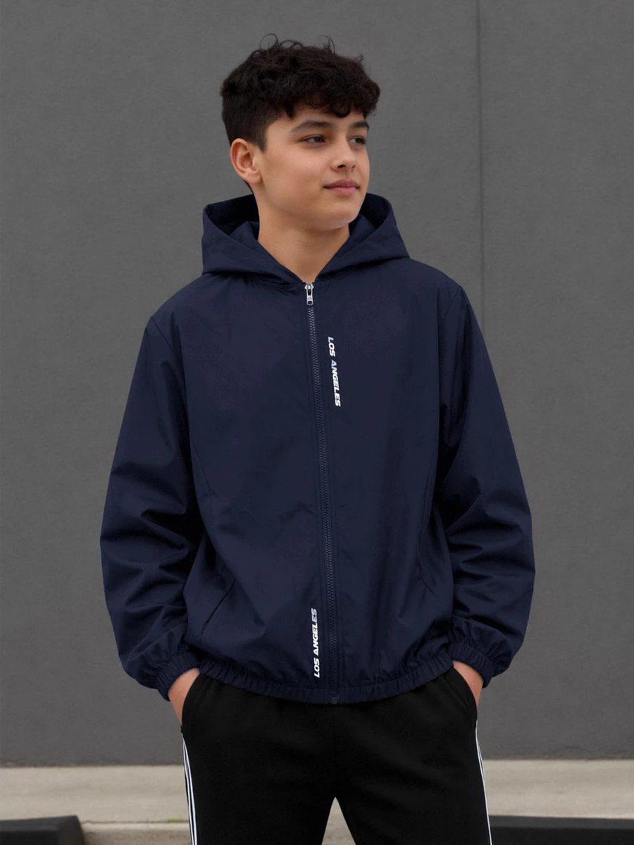 SHEIN 青少年男孩休閒字母圖案印花連帽夾克外套,輕量寬鬆版型拉鍊連帽外套 - 藏蓝色 - 查看 1