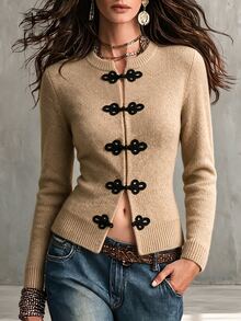 SHEIN Autumn Chinese Style Frog Button Knit Cardigan Women Round Neck Long Sleeve Slim Fit Jacket - Apricot - View 2