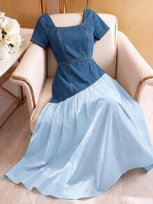 GlowEve CURVE Plus Size Color Block Patchwork Denim Dress - Blue - View 2