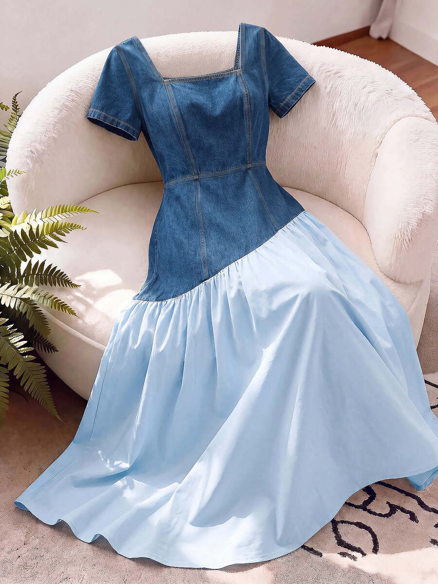 GlowEve CURVE Plus Size Color Block Patchwork Denim Dress - Blue - View 1