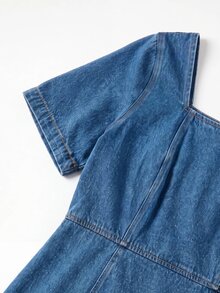 GlowEve CURVE Plus Size Color Block Patchwork Denim Dress - Blue - View 4