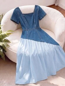GlowEve CURVE Plus Size Color Block Patchwork Denim Dress - Blue - View 6