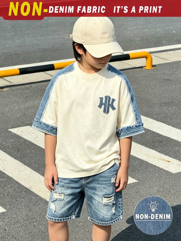 2pcs Young Boy Casual Cool Street Style Printed Design, Fashionable Round Neck Short Sleeve T-Shirt And Sports Shorts Set, Suitable For Holiday Parties, Spring/Summer Comfortable And Easy To Wear, Summer Essential Fashion Casual Outfit, Spring/Summer Streetwear, Casual Outfits Back To School Parties, Suitable For Outdoor Picnics