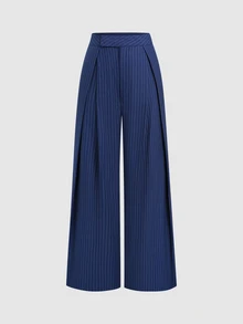 Sweetra Women's Blue Striped Pleated Long Suit Pants - Royal Blue - View 3