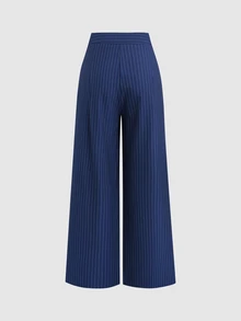 Sweetra Women's Blue Striped Pleated Long Suit Pants - Royal Blue - View 2