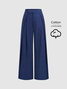 Sweetra Women's Blue Striped Pleated Long Suit Pants - Royal Blue - View 1