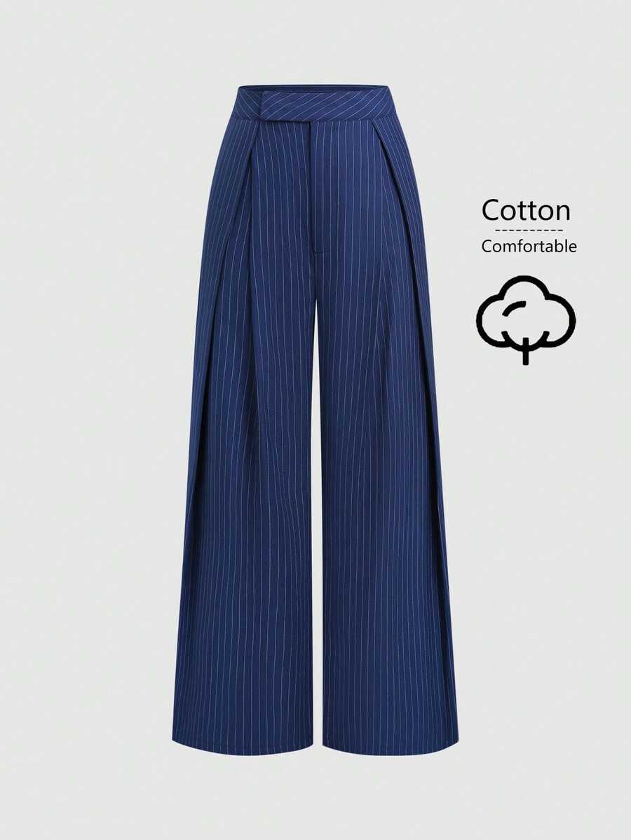 Sweetra Women's Blue Striped Pleated Long Suit Pants - Royal Blue - View 1