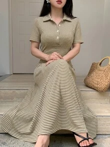 Rue Lumi 女款春夏針織提花條紋短袖收腰A字版型鈕扣優雅浪漫中長洋裝 - 彩色 - 查看 7