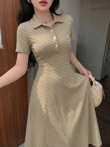 Rue Lumi 女款春夏針織提花條紋短袖收腰A字版型鈕扣優雅浪漫中長洋裝 - 彩色 - 查看 8