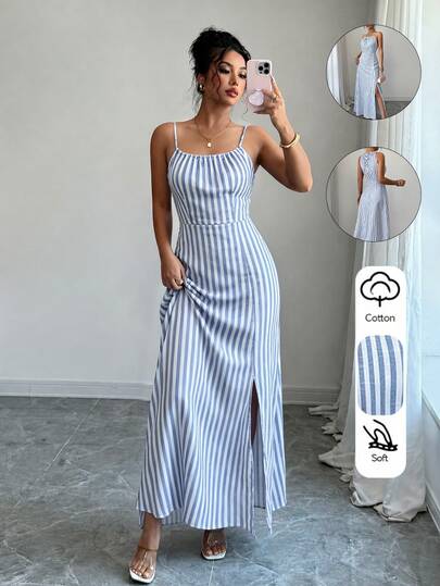 Elenzga Women's Fashion Elegant Casual Vintage Daily Commute Holiday Vacation Minimalist Summer Spaghetti Strap Drawstring Waist Blue & White Striped Cotton Linen Long Dress Sleeveless Spaghetti Strap Split Hem Full Skirt