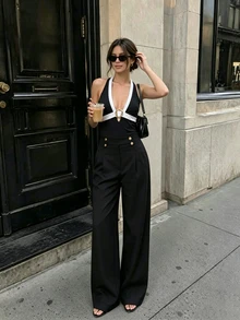 SHEIN PariChic 2026 Nuovo Body aderente con scollo a V profondo a blocchi di colore nero & bianco, fibbia ad anello dorato di lusso, vita stretta, slim fit, collo all'americana, elastico, schiena scoperta, stile europeo & americano per vacanze e terme - nero - Visualizzare 6