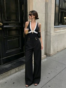 SHEIN PariChic 2026 Nuovo Body aderente con scollo a V profondo a blocchi di colore nero & bianco, fibbia ad anello dorato di lusso, vita stretta, slim fit, collo all'americana, elastico, schiena scoperta, stile europeo & americano per vacanze e terme - nero - Visualizzare 3