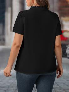 SHEIN LUNE CURVE 大码休闲纯色短袖衬衫，夏季 - 黑色 - 查看 2