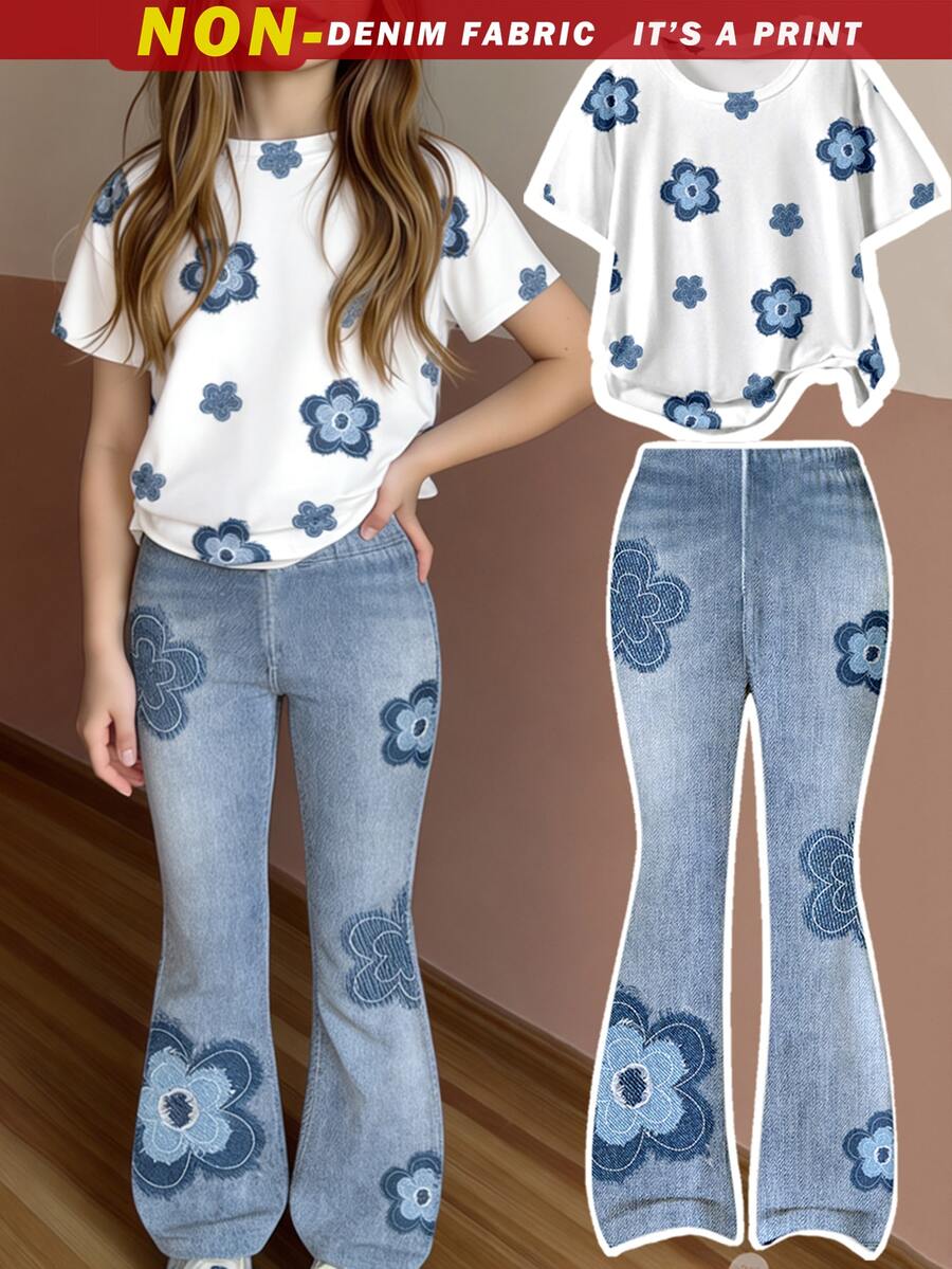 Tween Girl Floral Print T-Shirt And Flare Pants Set - Multicolor - View 1