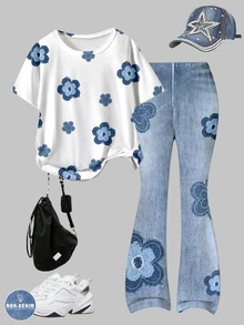 Tween Girl Floral Print T-Shirt And Flare Pants Set - Multicolor - View 3