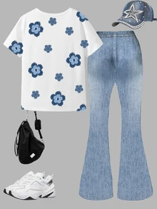 Tween Girl Floral Print T-Shirt And Flare Pants Set - Multicolor - View 2