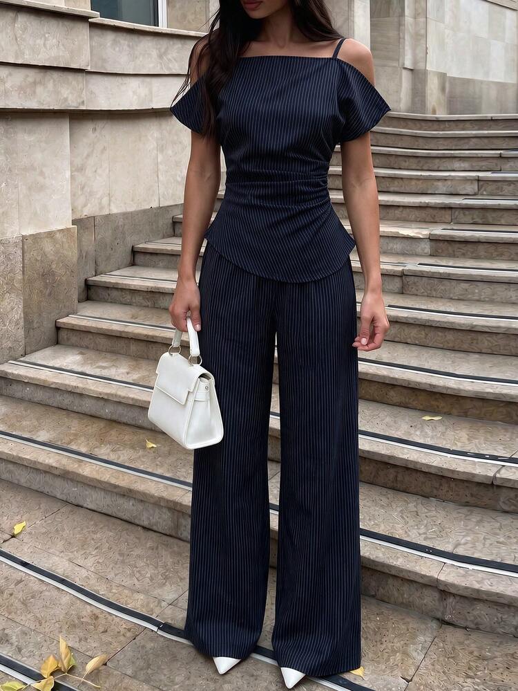 NOVVYNE Navy Pinstripe Two Piece Suit, Cold Shoulder Spaghetti Strap Ruched Peplum Top + High Waist Wide Leg Trousers Women Smart Casual Office Outfit - Blue - View 4