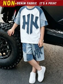 2件組青少年男孩時尚圓領短袖T恤套裝，休閒酷感英文字母NY印花，街頭風男孩短袖套裝，適合假期派對、春夏秋季，舒適易穿，小男孩夏季首選，時尚休閒穿搭，春夏秋街頭風，休閒開學穿搭 - 彩色 - 查看 7