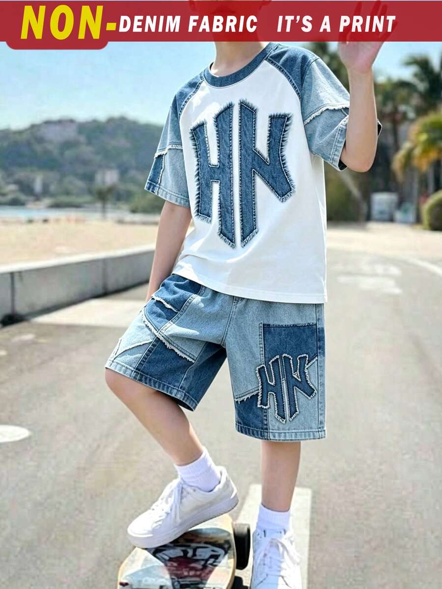 2件組青少年男孩時尚圓領短袖T恤套裝,休閒酷感英文字母NY印花,街頭風男孩短袖套裝,適合假期派對、春夏秋季,舒適易穿,小男孩夏季首選,時尚休閒穿搭,春夏秋街頭風,休閒開學穿搭 - 彩色 - 查看 1