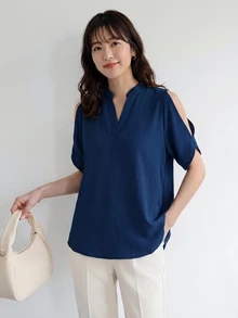 SHEIN LUNE 女款簡約純色露肩上衣，日常休閒穿著 - 藏蓝色 - 查看 4
