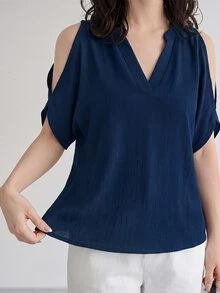 SHEIN LUNE 女款簡約純色露肩上衣，日常休閒穿著 - 藏蓝色 - 查看 5
