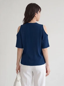 SHEIN LUNE 女款簡約純色露肩上衣，日常休閒穿著 - 藏蓝色 - 查看 2
