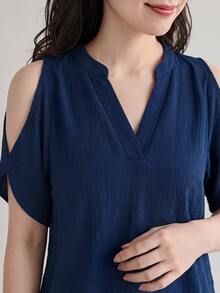 SHEIN LUNE 女款簡約純色露肩上衣，日常休閒穿著 - 藏蓝色 - 查看 3