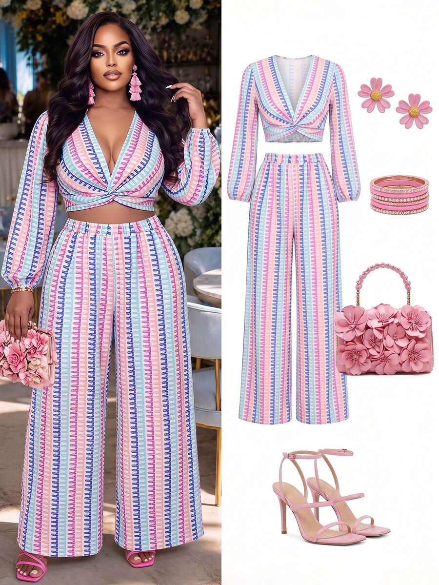Poshavie Poshavie Plus-Size Women's Everyday & Vacation V-Neck Matching Set - Suitable For Summer And Autumn Wear Fall - Multicolor - View 1