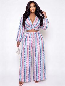 Poshavie Poshavie Plus-Size Women's Everyday & Vacation V-Neck Matching Set - Suitable For Summer And Autumn Wear Fall - Multicolor - View 6