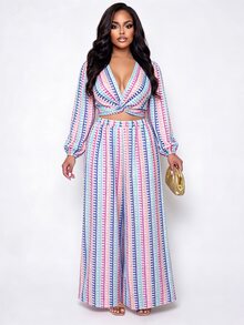 Poshavie Poshavie Plus-Size Women's Everyday & Vacation V-Neck Matching Set - Suitable For Summer And Autumn Wear Fall - Multicolor - View 5