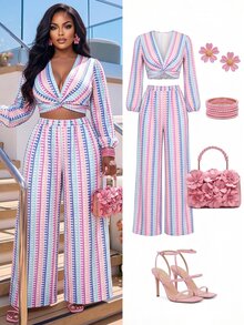 Poshavie Poshavie Plus-Size Women's Everyday & Vacation V-Neck Matching Set - Suitable For Summer And Autumn Wear Fall - Multicolor - View 4