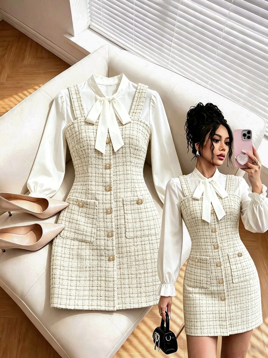 GlowEve 女款時尚優雅法式領結領鈕扣長袖洋裝,秋季面料,適合教師節、辦公室穿著,白色米色 - 白色 - 查看 1