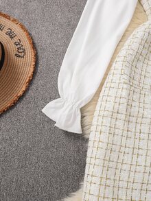 GlowEve 女款時尚優雅法式領結領鈕扣長袖洋裝，秋季面料，適合教師節、辦公室穿著，白色米色 - 白色 - 查看 8